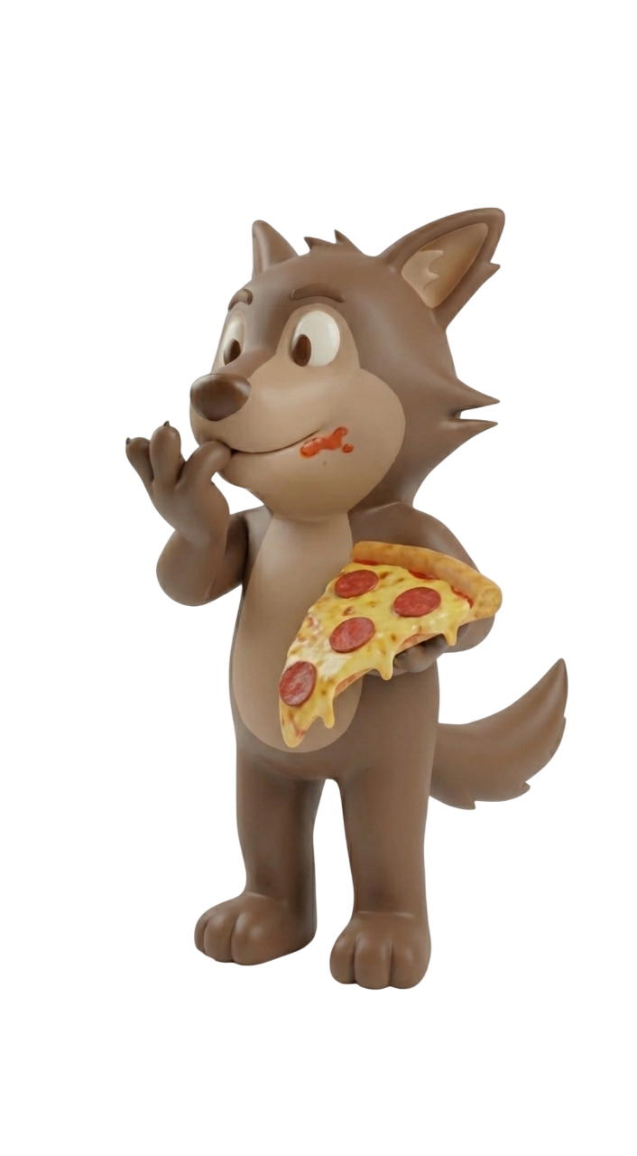 Feast wolf mascot with pizza